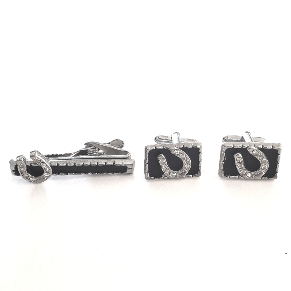 Vintage Fine Jewelry Silver Tone Cufflinks – Lucky Horseshoe w/Rhinestones Black